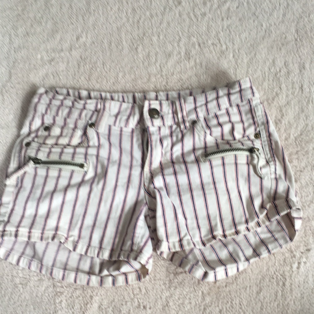 White pinstriped LOGG shorts, red & blue stripes